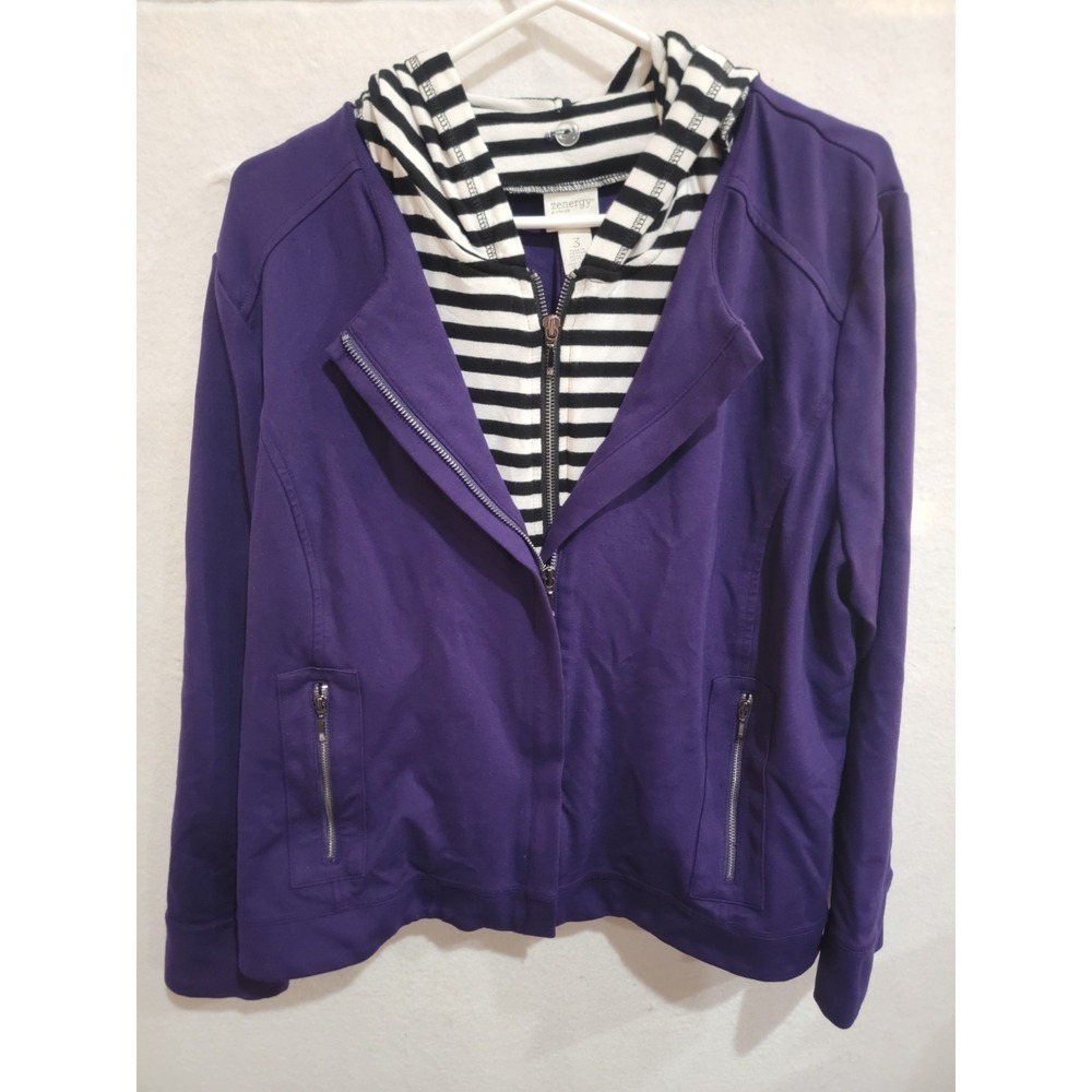Zenergy by Chico's Purple‎ Valerie Moto Jacket Women's 3 XL Striped Hooded Inset